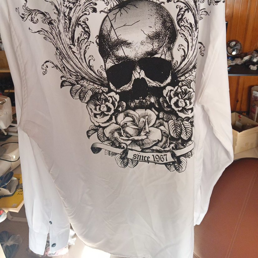 Beyaz Kuru Kafa Desenli Uzun Kollu Erkek Gömlek - Görsel 3