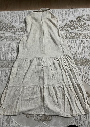 Kolsuz Bej Midi Keten Elbise - Görsel 5