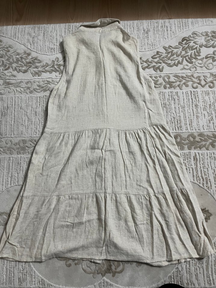 Kolsuz Bej Midi Keten Elbise - Görsel 5