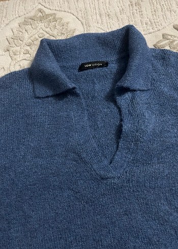 Mavi Örgü Kadın Kazak, Uzun Kollu, Polo Yaka - Görsel 2