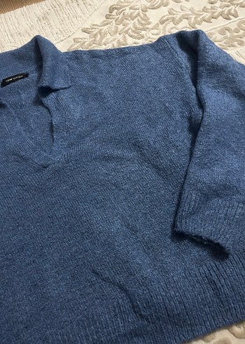 Mavi Örgü Kadın Kazak, Uzun Kollu, Polo Yaka - Görsel 4