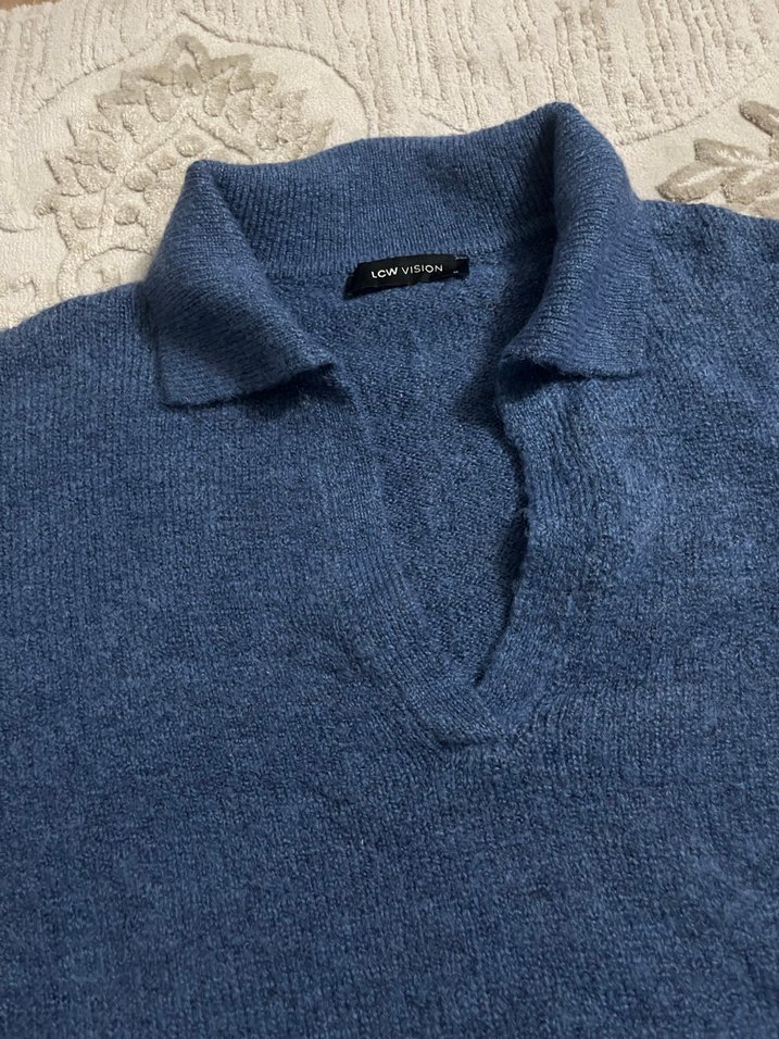 Mavi Örgü Kadın Kazak, Uzun Kollu, Polo Yaka - Görsel 2