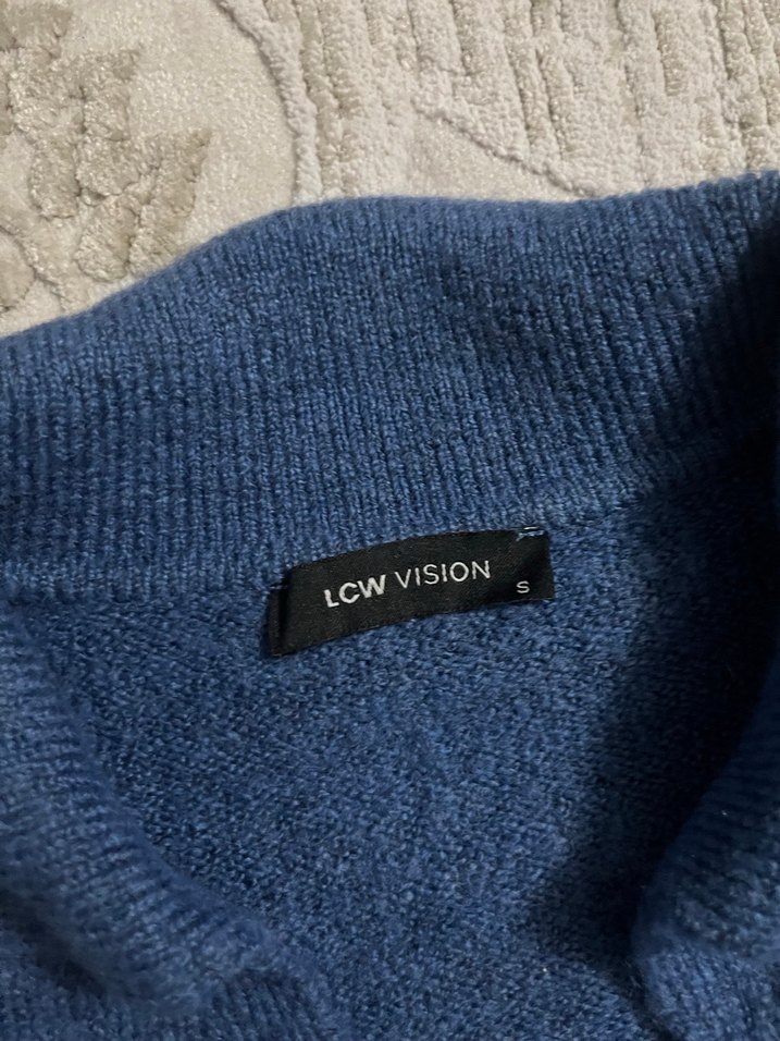 Mavi Örgü Kadın Kazak, Uzun Kollu, Polo Yaka - Görsel 3