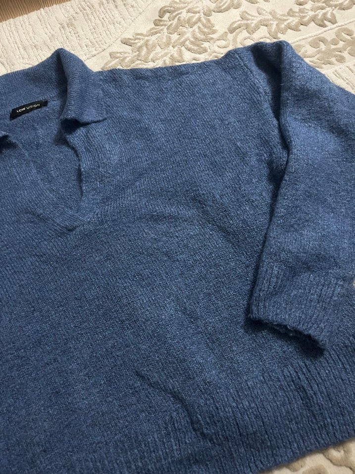 Mavi Örgü Kadın Kazak, Uzun Kollu, Polo Yaka - Görsel 4