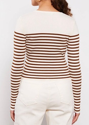 Kahverengi Çizgili Kadın Triko Kazak - Görsel 5