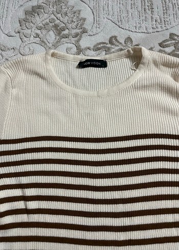 Kahverengi Çizgili Kadın Triko Kazak - Görsel 3