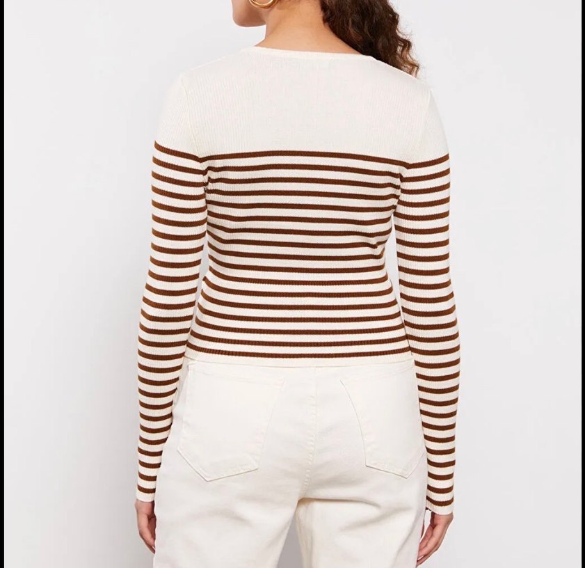 Kahverengi Çizgili Kadın Triko Kazak - Görsel 5
