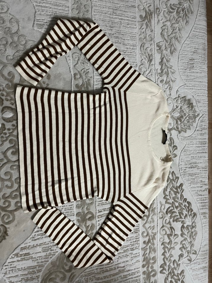 Kahverengi Çizgili Kadın Triko Kazak - Görsel 2