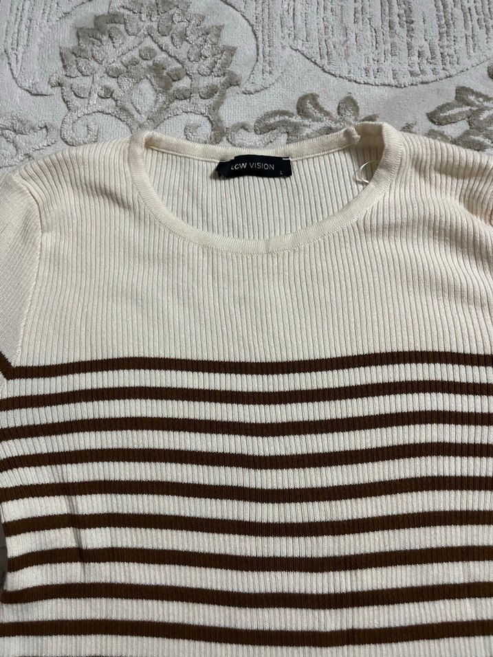Kahverengi Çizgili Kadın Triko Kazak - Görsel 3