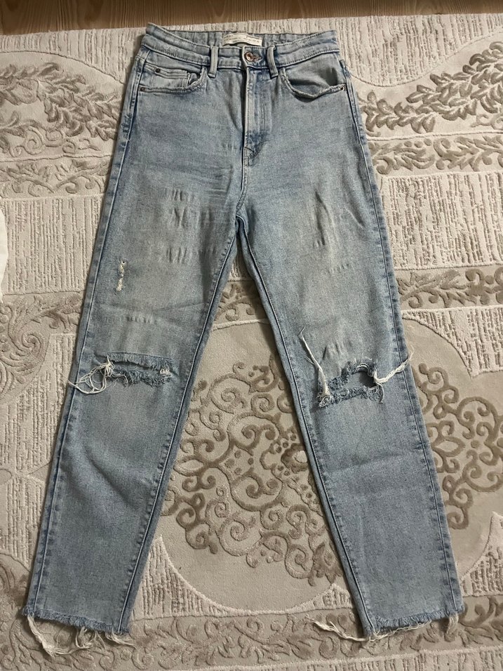 Yırtık Detaylı Midi Boy Mavi Denim Pantolon - Görsel 2
