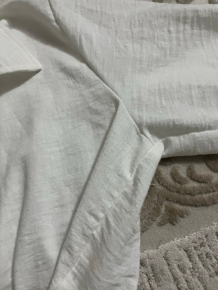 Düğmeli Beyaz Keten Kadın Gömlek - Görsel 5