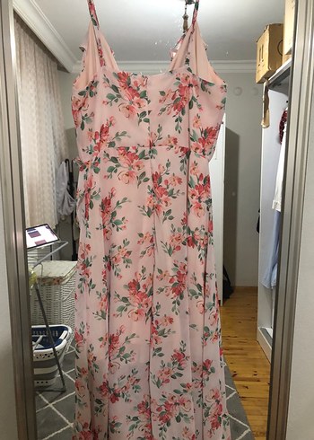 Pembe Çiçek Desenli Uzun Bohem Elbise - Görsel 2