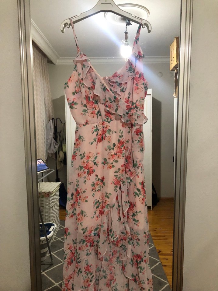 Pembe Çiçek Desenli Uzun Bohem Elbise - Görsel 3