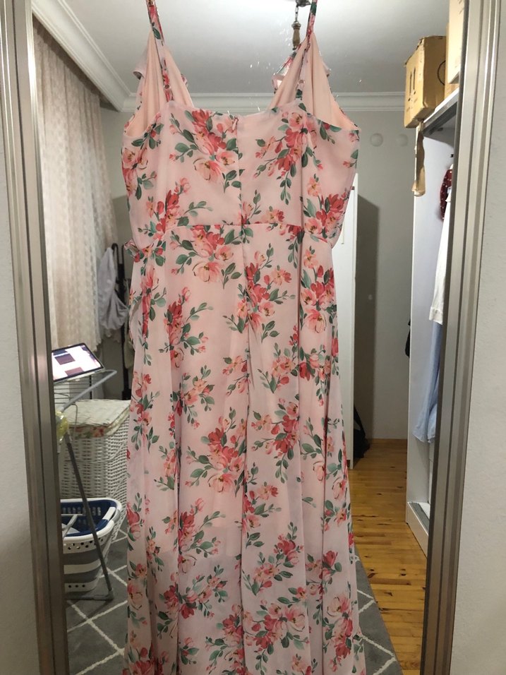 Pembe Çiçek Desenli Uzun Bohem Elbise - Görsel 2