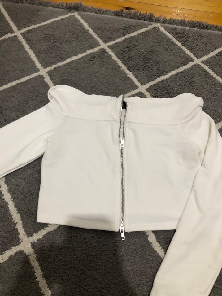 Beyaz Fermuarlı Uzun Kollu Mini Kadın Kazak - Görsel 4