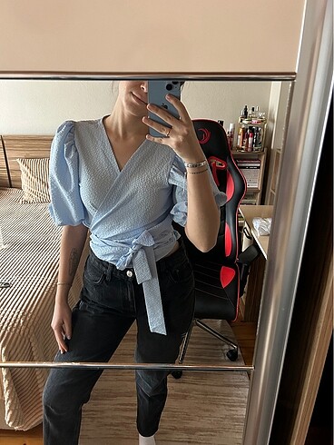 40 Beden gofre kumaş bağlamalı bluz