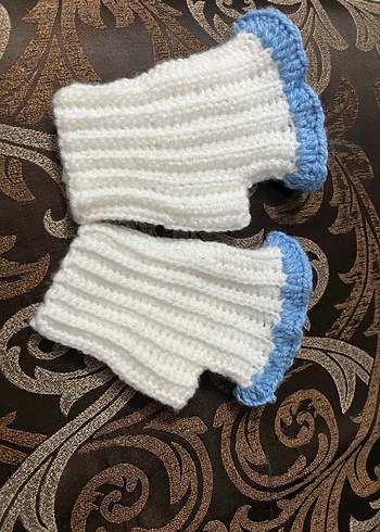 Mavi Kenarlı Beyaz Örgü Eldiven - Görsel 2