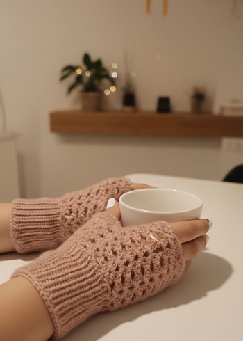 Pembe Örgü Kadın Eldiven - Görsel 3