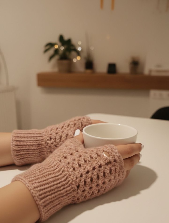 Pembe Örgü Kadın Eldiven - Görsel 3