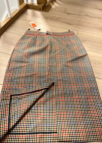 Machka marka 36 beden Pileli Kareli Uzun ofis Etek - Görsel 4