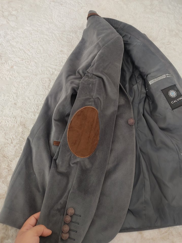 Gri Süet Erkek Ceket, Kadife Ofis Stil - Görsel 2