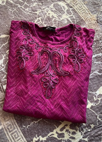 Bordo Nakışlı Uzun Kollu Bohem Bluz