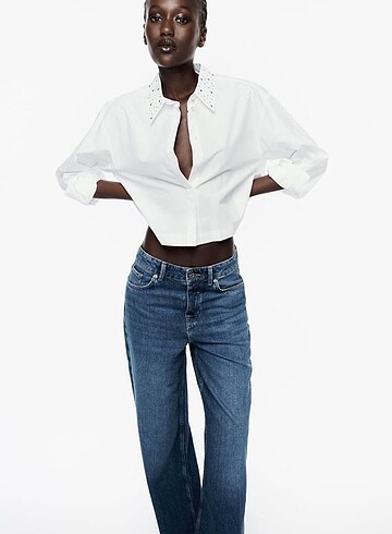 Zara Model Crop Yakası Zımbalı Poplin Gömlek