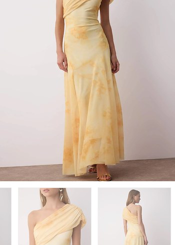 Sarı Drapeli Uzun Straplez Kadın Elbise - Görsel 3