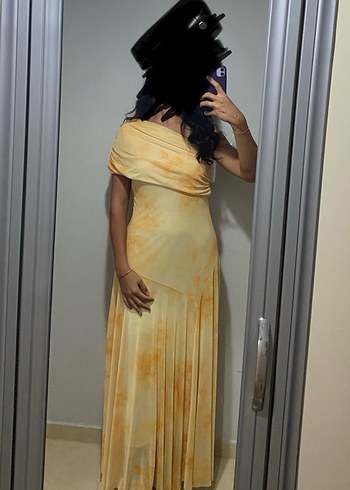 Sarı Drapeli Uzun Straplez Kadın Elbise - Görsel 2