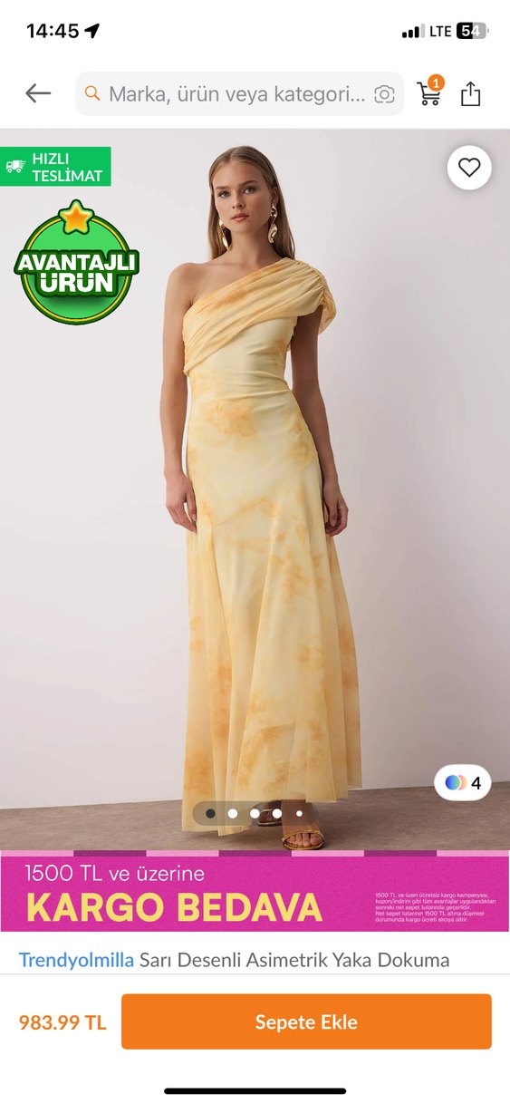 Sarı Drapeli Uzun Straplez Kadın Elbise - Görsel 4