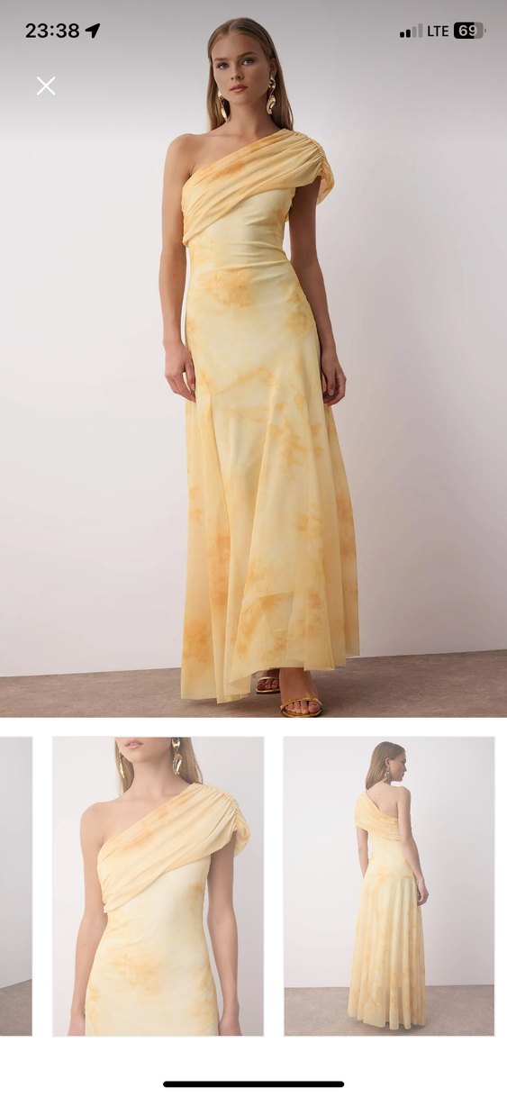 Sarı Drapeli Uzun Straplez Kadın Elbise - Görsel 3