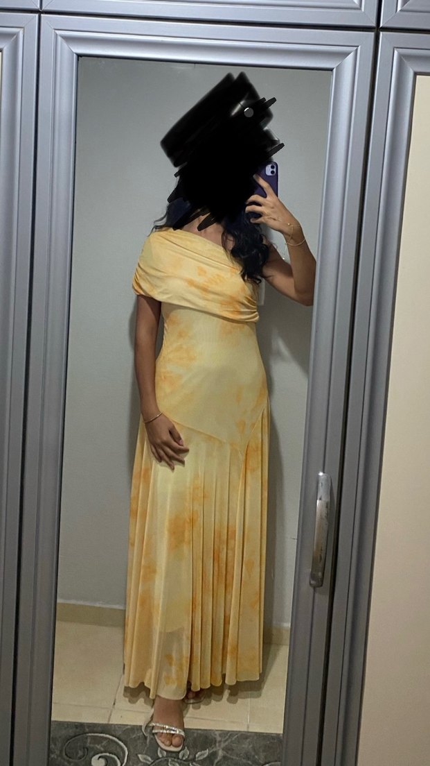 Sarı Drapeli Uzun Straplez Kadın Elbise - Görsel 2