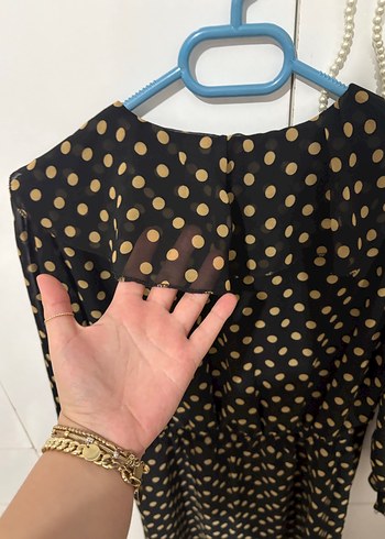 Siyah Puantiyeli Midi Fırfırlı Kadın Elbise - Görsel 6