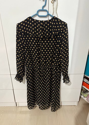 Siyah Puantiyeli Midi Fırfırlı Kadın Elbise - Görsel 5