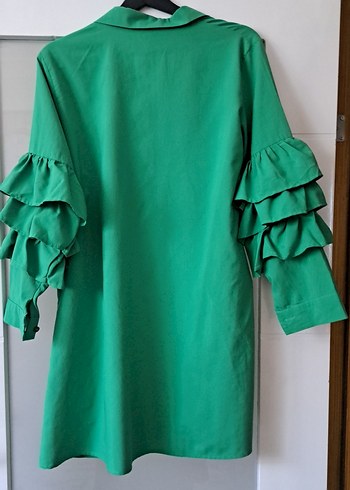 Yeşil, Katlı Fırfırlı, Uzun Kollu Salaş Gömlek - Görsel 5
