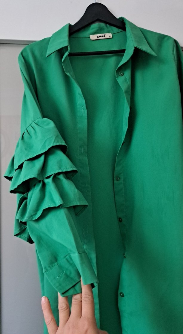 Yeşil, Katlı Fırfırlı, Uzun Kollu Salaş Gömlek - Görsel 2