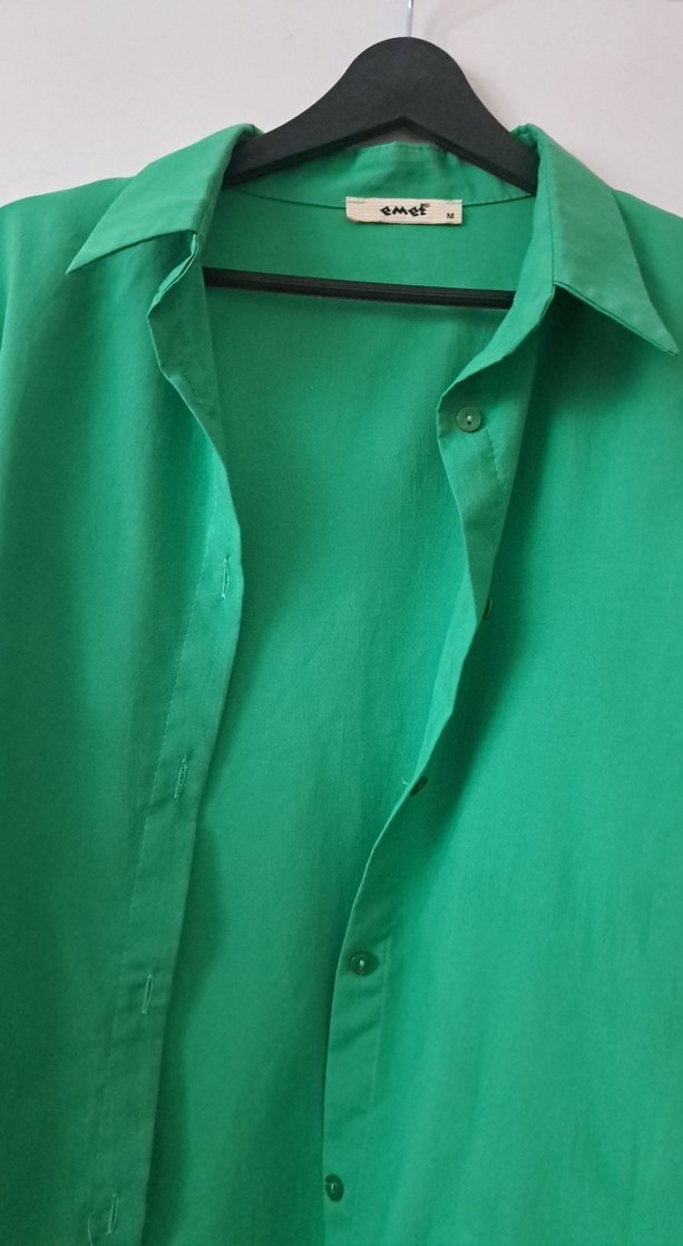 Yeşil, Katlı Fırfırlı, Uzun Kollu Salaş Gömlek - Görsel 3