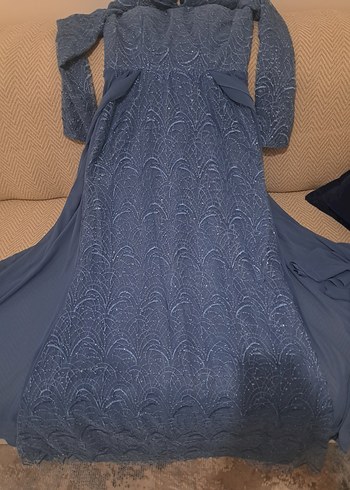 Nakışlı Yüksek Yakalı buz mavisi balik kesimli Uzun Abiye Elbise - Görsel 7