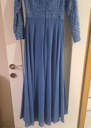 Nakışlı Yüksek Yakalı buz mavisi balik kesimli Uzun Abiye Elbise - Görsel 8