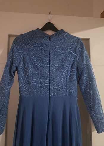 Nakışlı Yüksek Yakalı buz mavisi balik kesimli Uzun Abiye Elbise - Görsel 6