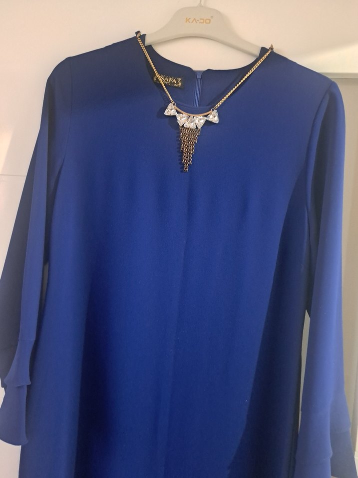 kolye Detaylı Mavi Uzun Kadın Elbise - Görsel 5