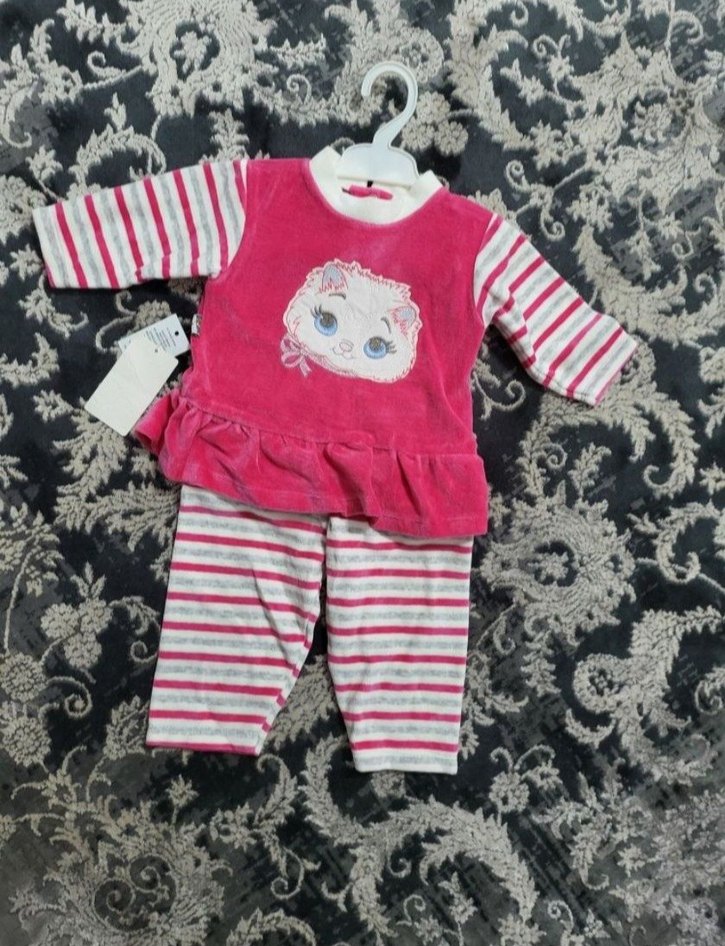 Pembe Baskılı kadife Bebek Kız Takımı - Görsel 2