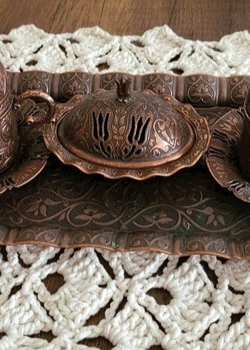 Kahverengi İşlemeli Bakır Kahve Fincanı Seti - Görsel 8