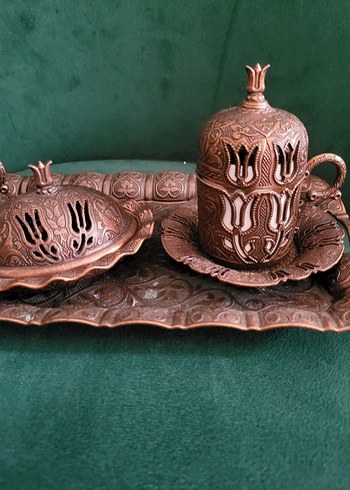 Kahverengi İşlemeli Bakır Kahve Fincanı Seti - Görsel 5