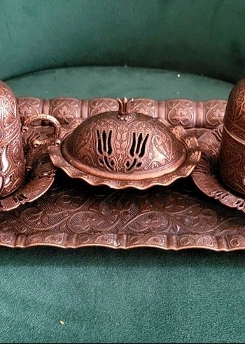 Kahverengi İşlemeli Bakır Kahve Fincanı Seti - Görsel 4