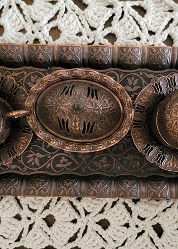 Kahverengi İşlemeli Bakır Kahve Fincanı Seti - Görsel 2