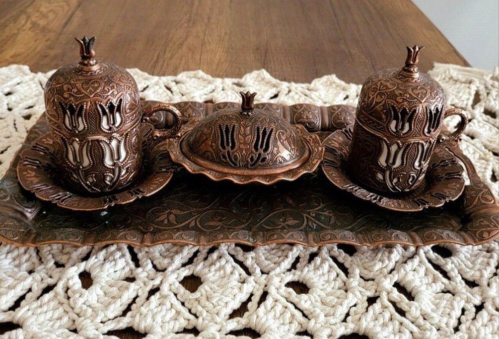Kahverengi İşlemeli Bakır Kahve Fincanı Seti - Görsel 3