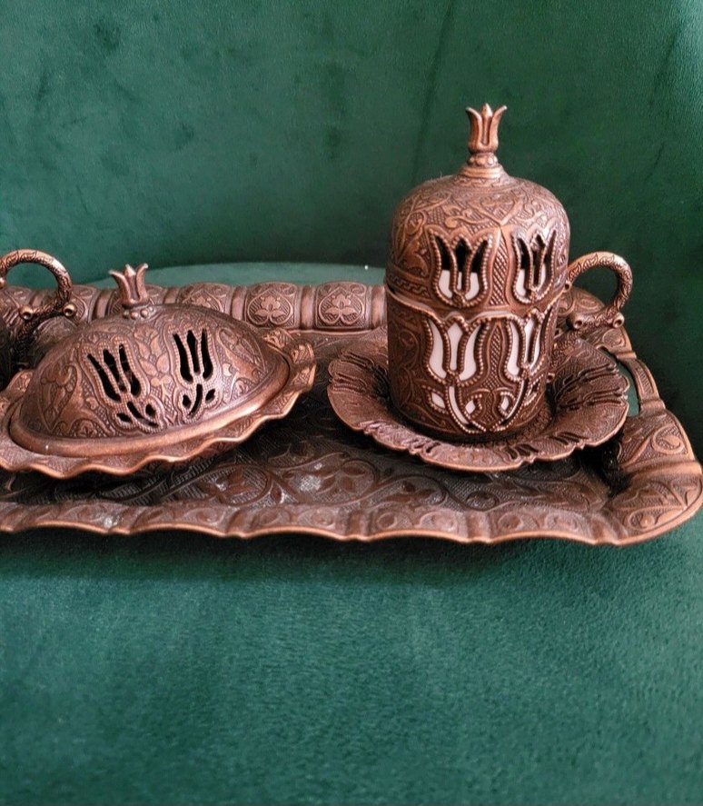 Kahverengi İşlemeli Bakır Kahve Fincanı Seti - Görsel 5