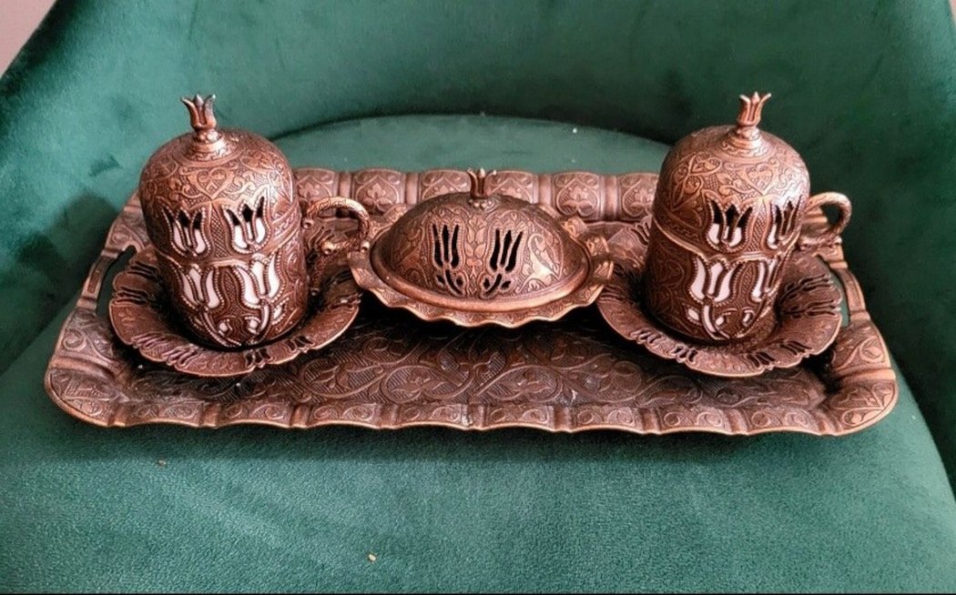 Kahverengi İşlemeli Bakır Kahve Fincanı Seti - Görsel 4