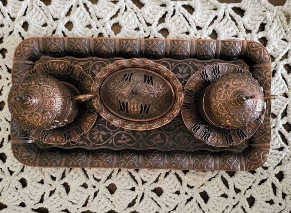 Kahverengi İşlemeli Bakır Kahve Fincanı Seti - Görsel 2